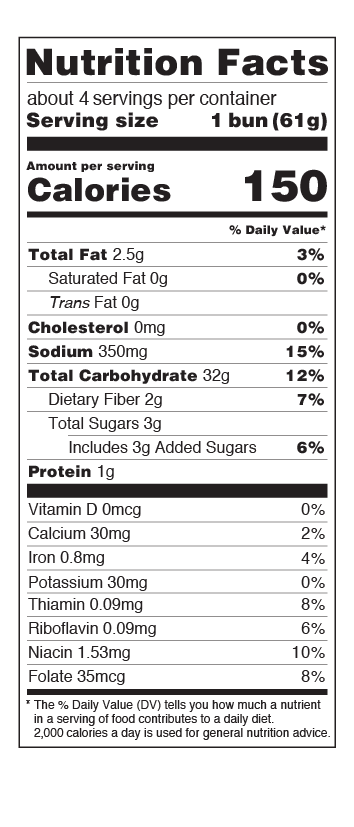US Hamburger Buns Nutritional Facts Table